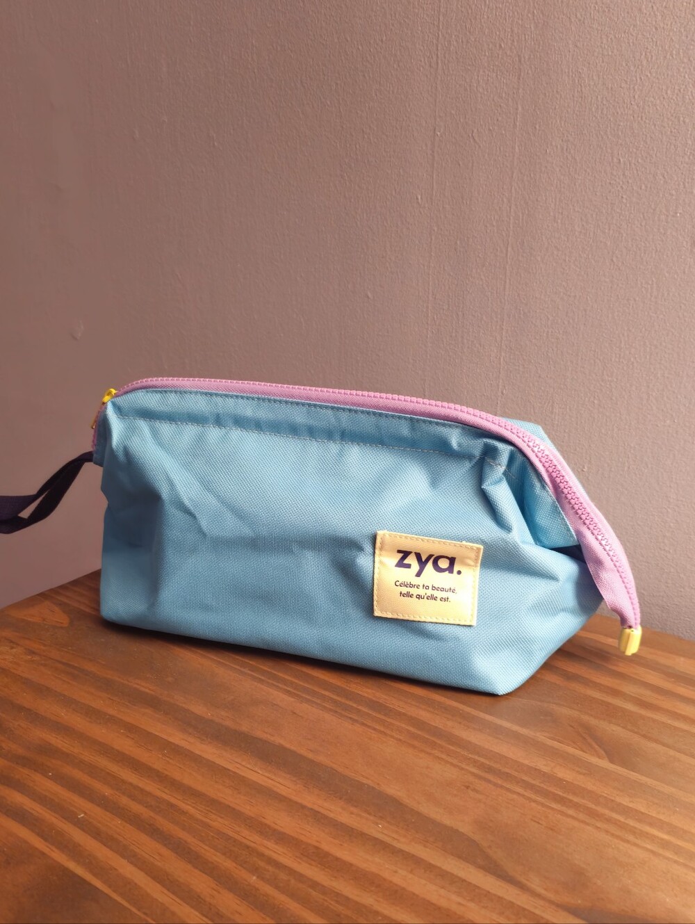 Zya Blue Travel Pouch with Pink Zip